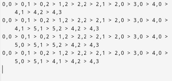 0,0 > 0,1 > 0,2 > 1,2 > 2,2 > 2,1 > 2,0 > 3,0 > 4,0 >
4,1 > 4,2 > 4,3
0,0 > 0,1 > 0,2 > 1,2 > 2,2 > 2,1 > 2,0 > 3,0 > 4,0 >
4,1 > 5,1 > 5,2 > 4,2 > 4,3
0,0 > 0,1 > 0,2 > 1,2 > 2,2 > 2,1 > 2,0 > 3,0 > 4,0 >
5,0 > 5,1 > 5,2 > 4,2 > 4,
.3
0,0 > 0,1 > 0,2 > 1,2 > 2,2 > 2,1 > 2,0 > 3,0 > 4,0 >
5,0 > 5,1 > 4,1 > 4,2 > 4,3
|
