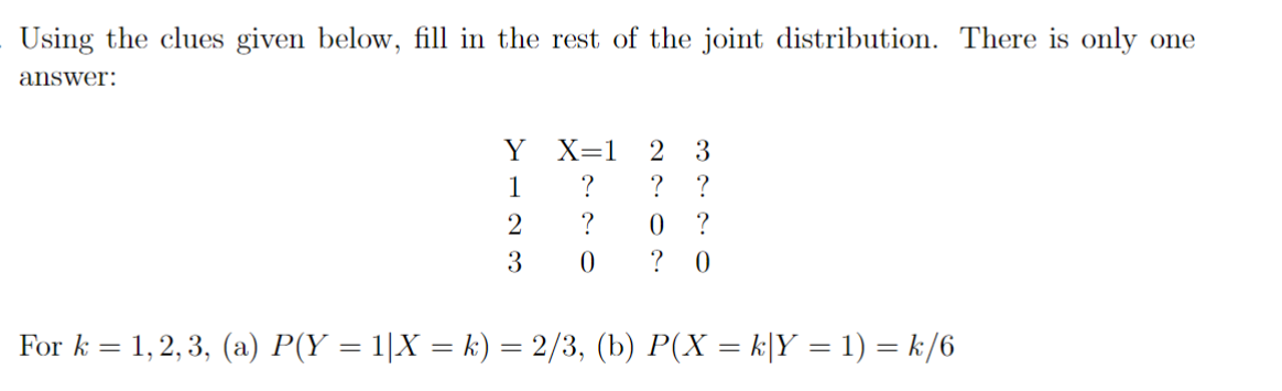 Using the clues given below, fill in the rest of the joint distribution. There is only one
answer:
Y
1
2
3
X=1 23
?
0
?
0
?
? 0
For k = 1, 2, 3, (a) P(Y = 1|X = k) = 2/3, (b) P(X = k|Y = 1) = k/6