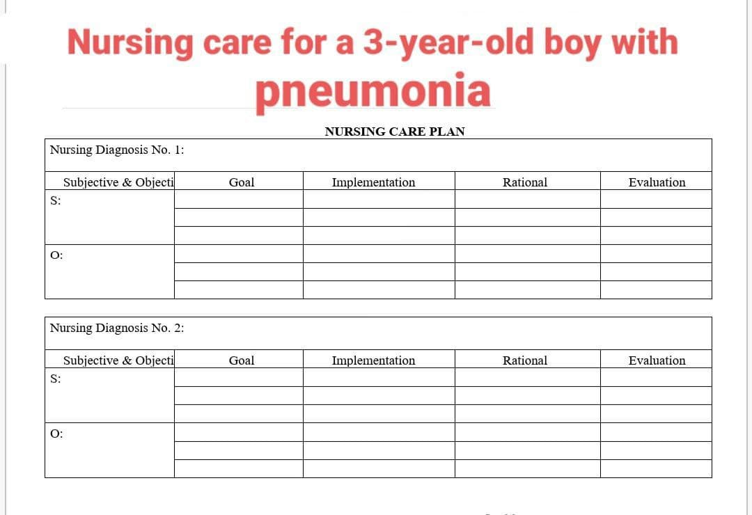 Nursing care for a 3-year-old boy with
pneumonia
NURSING CARE PLAN
Nursing Diagnosis No. 1:
Subjective & Objecti
Goal
Implementation
Rational
Evaluation
S:
O:
Nursing Diagnosis No. 2:
Subjective & Objecti
Goal
Implementation
Rational
Evaluation
S:
O:
