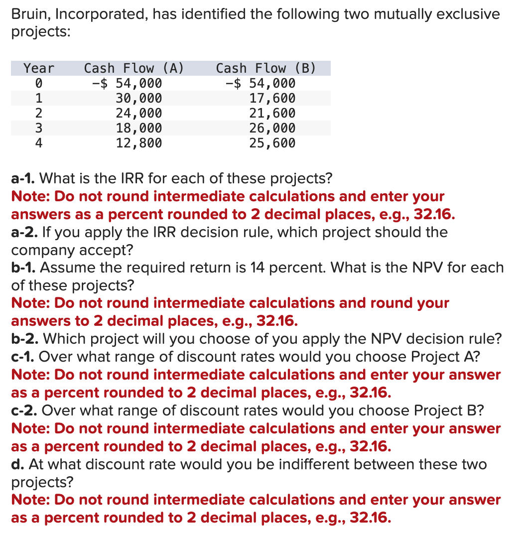 Bruin, Incorporated, has identified the following two mutually exclusive
projects:
Year Cash Flow (A)
0
-$ 54,000
1
30,000
2
24,000
18,000
12,800
3
4
Cash Flow (B)
-$ 54,000
17,600
21,600
26,000
25,600
a-1. What is the IRR for each of these projects?
Note: Do not round intermediate calculations and enter your
answers as a percent rounded to 2 decimal places, e.g., 32.16.
a-2. If you apply the IRR decision rule, which project should the
company accept?
b-1. Assume the required return is 14 percent. What is the NPV for each
of these projects?
Note: Do not round intermediate calculations and round your
answers to 2 decimal places, e.g., 32.16.
b-2. Which project will you choose of you apply the NPV decision rule?
c-1. Over what range of discount rates would you choose Project A?
Note: Do not round intermediate calculations and enter your answer
as a percent rounded to 2 decimal places, e.g., 32.16.
c-2. Over what range of discount rates would you choose Project B?
Note: Do not round intermediate calculations and enter your answer
as a percent rounded to 2 decimal places, e.g., 32.16.
d. At what discount rate would you be indifferent between these two
projects?
Note: Do not round intermediate calculations and enter your answer
as a percent rounded to 2 decimal places, e.g., 32.16.