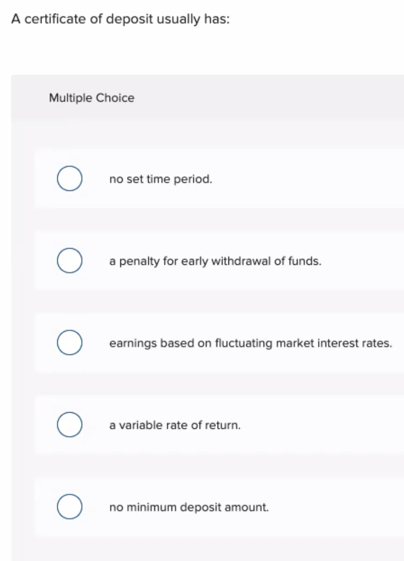 A certificate of deposit usually has:
Multiple Choice
no set time period.
a penalty for early withdrawal of funds.
earnings based on fluctuating market interest rates.
a variable rate of return.
no minimum deposit amount.
