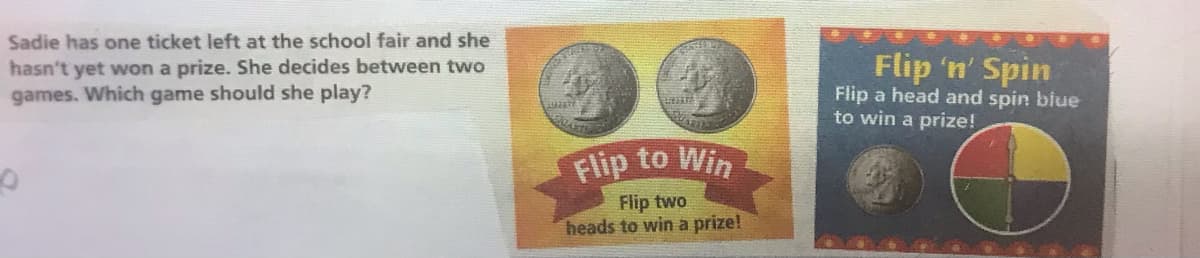 Sadie has one ticket left at the school fair and she
hasn't yet won a prize. She decides between two
games. Which game should she play?
Flip 'n' Spin
Flip a head and spin biue
to win a prize!
Flip to Win
Flip two
heads to win a prize!
