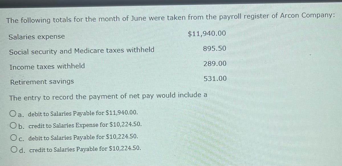 The following totals for the month of June were taken from the payroll register of Arcon Company:
$11,940.00
Salaries expense
Social security and Medicare taxes withheld
Income taxes withheld
895.50
289.00
531.00
Retirement savings
The entry to record the payment of net pay would include a
O a. debit to Salaries Payable for $11,940.00.
Ob. credit to Salaries Expense for $10,224.50.
O c. debit to Salaries Payable for $10,224.50.
Od. credit to Salaries Payable for $10,224.50.