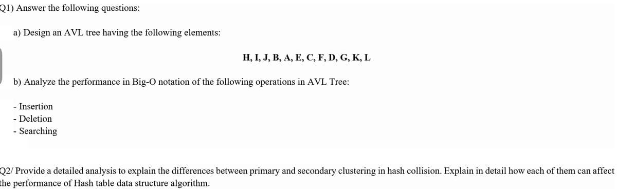 Q1) Answer the following questions:
a) Design an AVL tree having the following elements:
H, I, J, B, A, E, C, F, D, G, K, L
b) Analyze the performance in Big-O notation of the following operations in AVL Tree:
Insertion
- Deletion
- Searching
Q2/ Provide a detailed analysis to explain the differences between primary and secondary clustering in hash collision. Explain in detail how each of them can affect
the performance of Hash table data structure algorithm.
