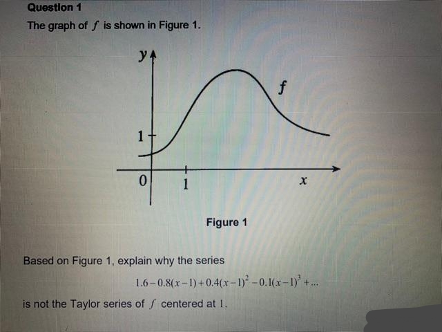 Questlon 1
The graph of f is shown in Figure 1.
1
Figure 1
Based on Figure 1, explain why the series
1.6-0.8(x-1)+0.4(x-1)-0.1(x-1)'+.
is not the Taylor series of f centered at I.
