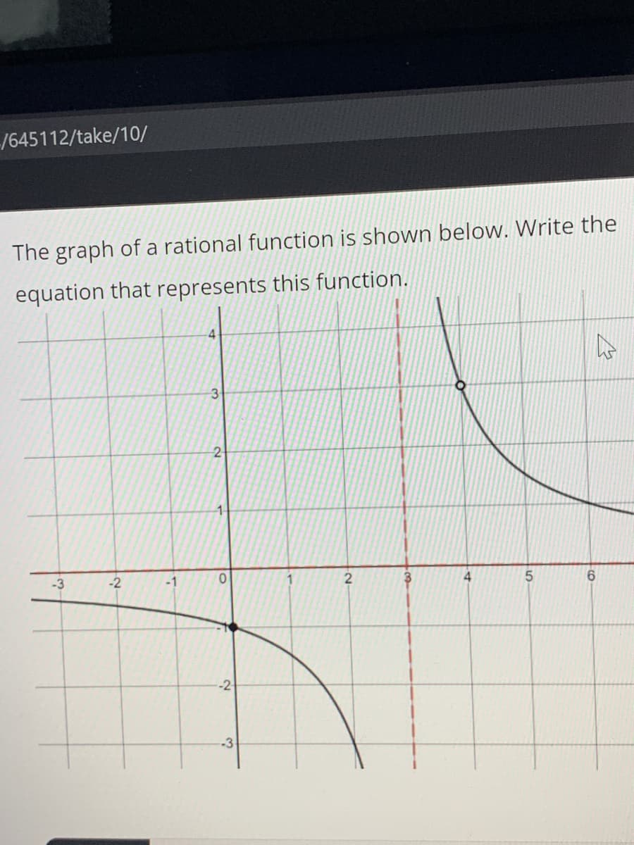 /645112/take/10/
The graph of a rational function is shown below. Write the
equation that represents this function.
4.
3
2
-3
-2
-1
0.
-2
-3
