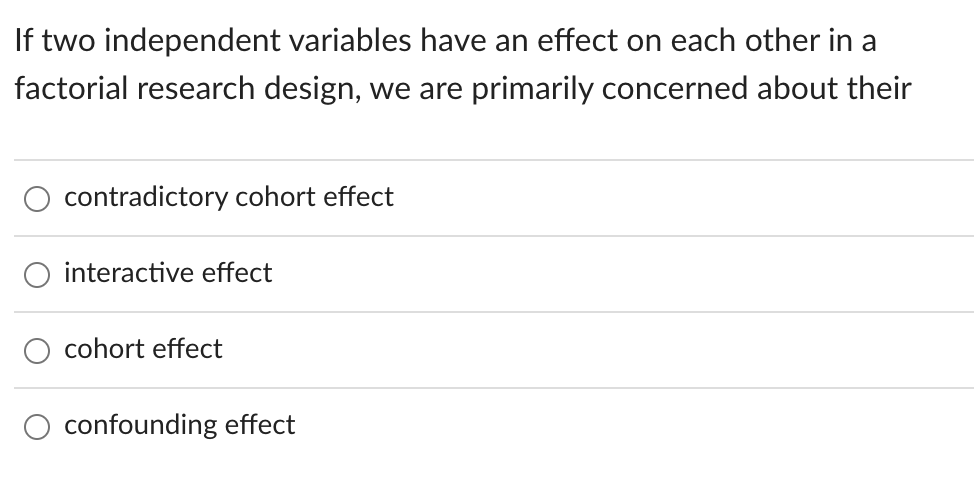 If two independent variables have an effect on each other in a
factorial research design, we are primarily concerned about their
contradictory cohort effect
interactive effect
cohort effect
confounding effect
