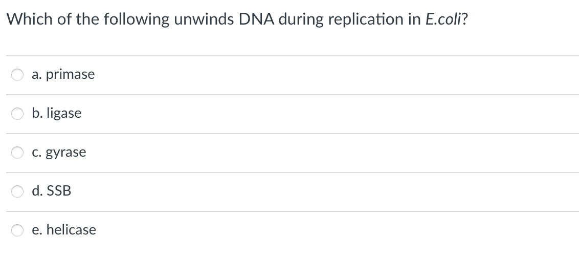Which of the following unwinds DNA during replication in E.coli?
a. primase
b. ligase
c. gyrase
d. SSB
e. helicase