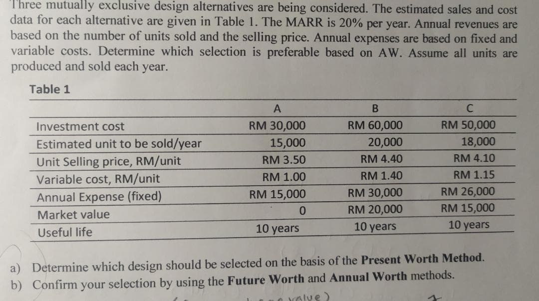 Three mutually exclusive design alternatives are being considered. The estimated sales and cost
data for each alternative are given in Table 1. The MARR is 20% per year. Annual revenues are
based on the number of units sold and the selling price. Annual expenses are based on fixed and
variable costs. Determine which selection is preferable based on AW. Assume all units are
produced and sold each year.
Table 1
Investment cost
Estimated unit to be sold/year
Unit Selling price, RM/unit
Variable cost, RM/unit
Annual Expense (fixed)
Market value
Useful life
A
RM 30,000
15,000
RM 3.50
RM 1.00
RM 15,000
0
10 years
B
RM 60,000
20,000
RM 4.40
RM 1.40
RM 30,000
RM 20,000
10 years
C
RM 50,000
18,000
RM 4.10
RM 1.15
RM 26,000
RM 15,000
10 years
a) Determine which design should be selected on the basis of the Present Worth Method.
b) Confirm your selection by using the Future Worth and Annual Worth methods.
valve)
1