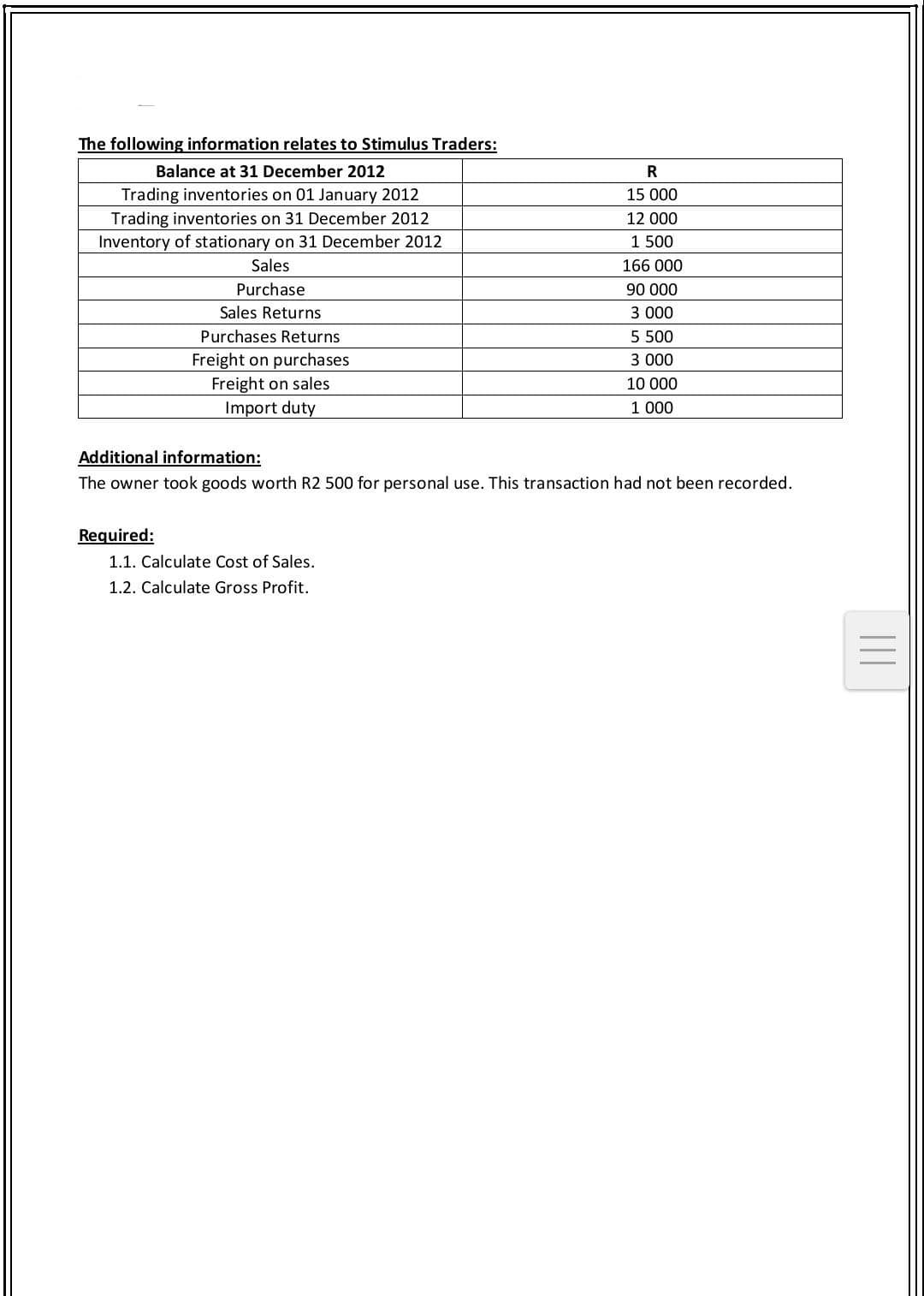 The following information relates to Stimulus Traders:
Balance at 31 December 2012
Trading inventories on 01 January 2012
Trading inventories on 31 December 2012
Inventory of stationary on 31 December 2012
Sales
Purchase
Required:
Sales Returns
Purchases Returns
Freight on purchases
Freight on sales
Import duty
Additional information:
The owner took goods worth R2 500 for personal use. This transaction had not been recorded.
R
15 000
12 000
1 500
166 000
90 000
3 000
5 500
3 000
10 000
1 000
1.1. Calculate Cost of Sales.
1.2. Calculate Gross Profit.