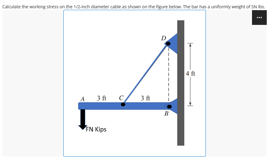Calculate the working stress on the 1/2-inch diameter cable as shown on the figure below. The bar has a uniformly weight of SN Ibs.
D
|4 ft
A
3 ft
C
3 ft
B
FN Kips
