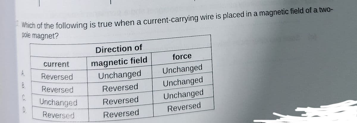 7. Which of the following is true when a current-carrying wire is placed in a magnetic field of a two-
pole magnet?
Direction of
current
magnetic field
force
A.
Reversed
Unchanged
Unchanged
B.
Reversed
Reversed
Unchanged
C.
Unchanged
Reversed
Unchanged
D
Reversed
Reversed
Reversed