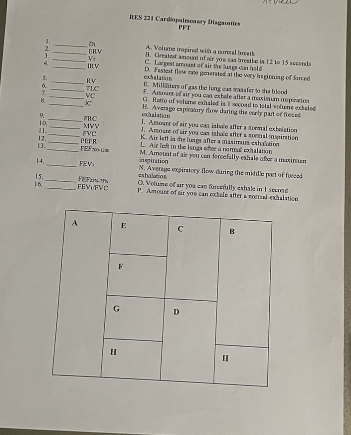 1.
2.
3.
5.
6.
7.
8.
9.
10.
11.
12.
13.
14.
15.
16.
A
DL
ERV
VT
IRV
RV
TLC
VC
IC
FRC
MVV
FVC
PEFR
FEF200-1200
FEVI
FEF25%-75%
FEV₁/FVC
G
H
E
F
RES 221 Cardiopulmonary Diagnostics
PFT
A. Volume inspired with a normal breath
B. Greatest amount of air you can breathe in 12 to 15 seconds
C. Largest amount of air the lungs can hold
D. Fastest flow rate generated at the very beginning of forced
exhalation
E. Milliliters of gas the lung can transfer to the blood
F. Amount of air you can exhale after a maximum inspiration
G. Ratio of volume exhaled in 1 second to total volume exhaled
H. Average expiratory flow during the early part of forced
exhalation
I. Amount of air you can inhale after a normal exhalation
J. Amount of air you can inhale after a normal inspiration
K. Air left in the lungs after a maximum exhalation
L. Air left in the lungs after a normal exhalation
M. Amount of air you can forcefully exhale after a maximum
inspiration
N. Average expiratory flow during the middle part of forced
exhalation
O. Volume of air you can forcefully exhale in 1 second
P. Amount of air you can exhale after a normal exhalation
C
D
B
H