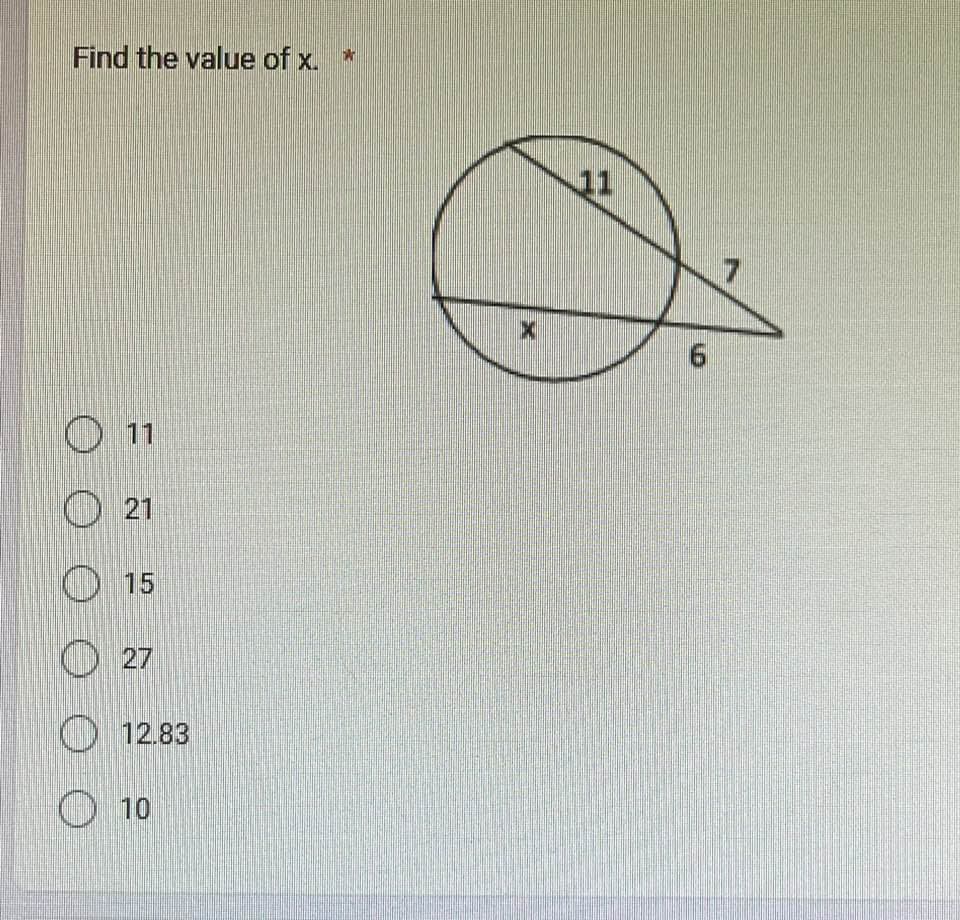 Find the value of x. W
O
11
21
15
12.83
10
X
6