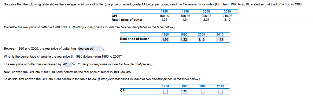 Suppose that the following table shows the average retail price of butter (the price of salted, grade AA butter per pound) and the Consumer Price Index (CPI) from 1980 to 2010, scaled so that the CPI = 100 in 1980.
1980
2010
100.00
1.96
218.06
3.12
CPI
Retail price of butter
Calculate the real price of butter in 1980 dollars. (Enter your responses rounded to two decimal places in the table below.)
Real price of butter
1980
1.96
CPI
1990
158.56
1.94
1980
1990
1.22
Between 1980 and 2000, the real price of butter has decreased
What is the percentage change in the real price (in 1980 dollars) from 1980 to 2000?
The real price of butter has decreased by 42.35 %. (Enter your response rounded to two decimal places.)
Next, convert the CPI into 1990 = 100 and determine the real price of butter in 1990 dollars.
To do this, first convert the CPI into 1990 dollars in the table below. (Enter your responses rounded to two decimal places in the table below.)
1990
100
2000
208.98
2.37
2000
1.13
2000
■
2010
1.43
2010
□
