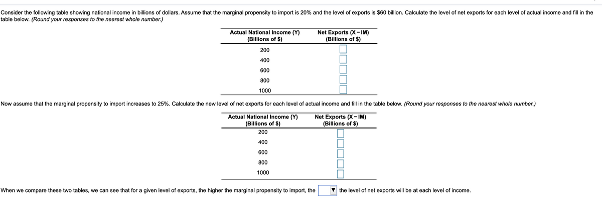 Consider the following table showing national income in billions of dollars. Assume that the marginal propensity to import is 20% and the level of exports is $60 billion. Calculate the level of net exports for each level of actual income and fill in the
table below. (Round your responses to the nearest whole number.)
Actual National Income (Y)
(Billions of $)
200
400
600
800
1000
Net Exports (X-IM)
(Billions of $)
Now assume that the marginal propensity to import increases to 25%. Calculate the new level of net exports for each level of actual income and fill in the table below. (Round your responses to the nearest whole number.)
Actual National Income (Y)
(Billions of $)
200
Net Exports (X-IM)
(Billions of $)
400
600
800
1000
When we compare these two tables, we can see that for a given level of exports, the higher the marginal propensity to import, the
the level of net exports will be at each level of income.