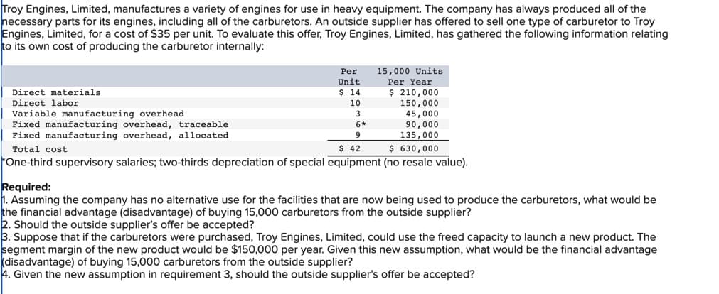 Troy Engines, Limited, manufactures a variety of engines for use in heavy equipment. The company has always produced all of the
necessary parts for its engines, including all of the carburetors. An outside supplier has offered to sell one type of carburetor to Troy
Engines, Limited, for a cost of $35 per unit. To evaluate this offer, Troy Engines, Limited, has gathered the following information relating
to its own cost of producing the carburetor internally:
Direct materials.
Direct labor
Variable manufacturing overhead
Fixed manufacturing overhead, traceable
Fixed manufacturing overhead, allocated
Total cost
Per
Unit
$ 14
10
3
6*
9
15,000 Units
Per Year
$ 210,000
150,000
45,000
90,000
135,000
$ 42
$ 630,000
One-third supervisory salaries; two-thirds depreciation of special equipment (no resale value).
Required:
1. Assuming the company has no alternative use for the facilities that are now being used to produce the carburetors, what would be
the financial advantage (disadvantage) of buying 15,000 carburetors from the outside supplier?
2. Should the outside supplier's offer be accepted?
3. Suppose that if the carburetors were purchased, Troy Engines, Limited, could use the freed capacity to launch a new product. The
segment margin of the new product would be $150,000 per year. Given this new assumption, what would be the financial advantage
(disadvantage) of buying 15,000 carburetors from the outside supplier?
4. Given the new assumption in requirement 3, should the outside supplier's offer be accepted?
