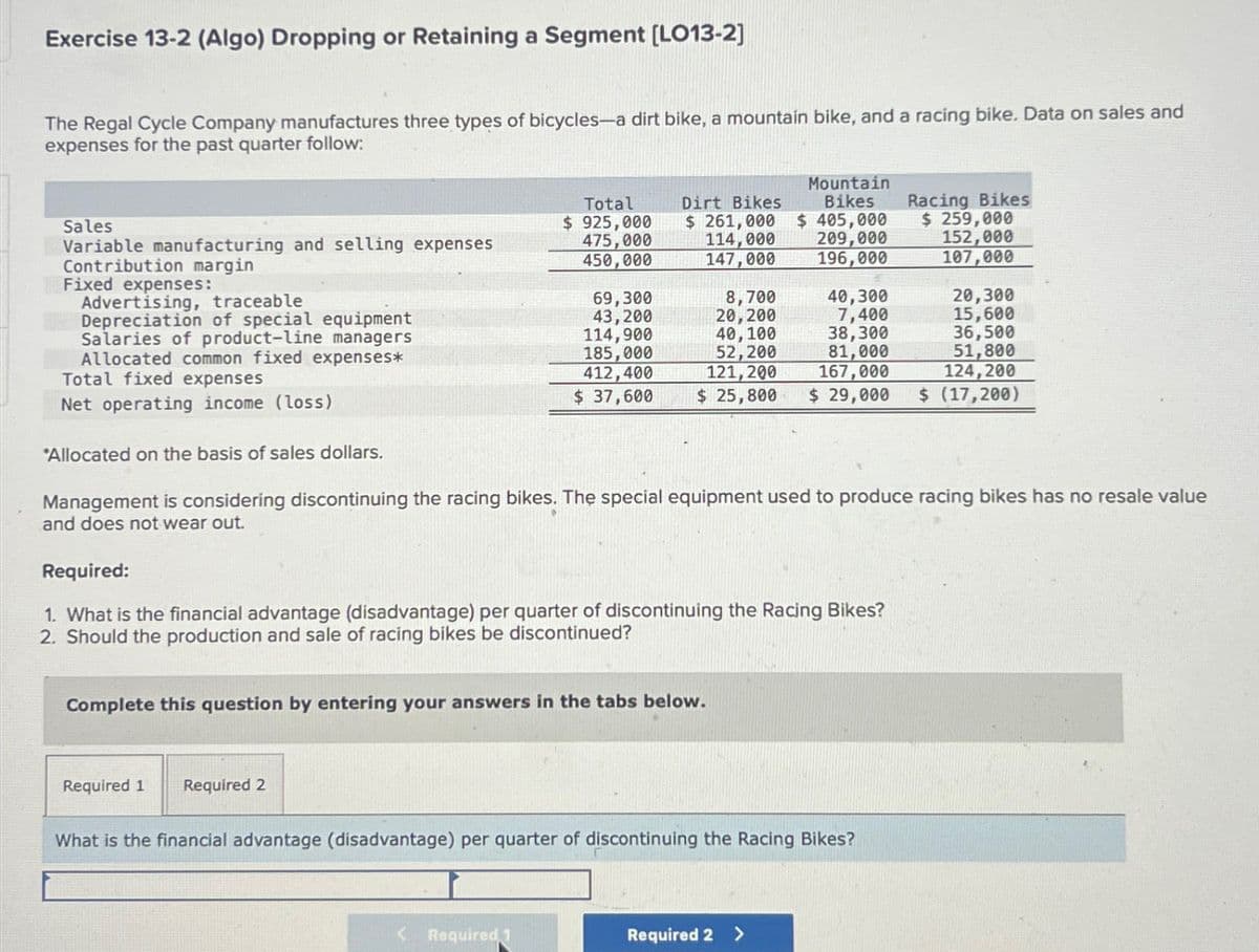 Exercise 13-2 (Algo) Dropping or Retaining a Segment [LO13-2]
The Regal Cycle Company manufactures three types of bicycles-a dirt bike, a mountain bike, and a racing bike. Data on sales and
expenses for the past quarter follow:
Sales
Variable manufacturing and selling expenses
Contribution margin
Fixed expenses:
Advertising, traceable
Depreciation of special equipment
Salaries of product-line managers
Allocated common fixed expenses*
Total fixed expenses
Net operating income (loss)
*Allocated on the basis of sales dollars.
Total
$ 925,000
Dirt Bikes
475,000
$ 261,000
114,000
Mountain
Bikes
$ 405,000
209,000
Racing Bikes
$ 259,000
152,000
450,000
147,000
196,000
107,000
69,300
8,700
40,300
20,300
43,200
20,200
7,400
15,600
114,900
40,100
38,300
36,500
185,000
52,200
81,000
51,800
412,400
121,200
167,000
124,200
$ 37,600
$ 25,800 $ 29,000 $ (17,200)
Management is considering discontinuing the racing bikes. The special equipment used to produce racing bikes has no resale value
and does not wear out.
Required:
1. What is the financial advantage (disadvantage) per quarter of discontinuing the Racing Bikes?
2. Should the production and sale of racing bikes be discontinued?
Complete this question by entering your answers in the tabs below.
Required 1 Required 2
What is the financial advantage (disadvantage) per quarter of discontinuing the Racing Bikes?
< Required 1
Required 2 >