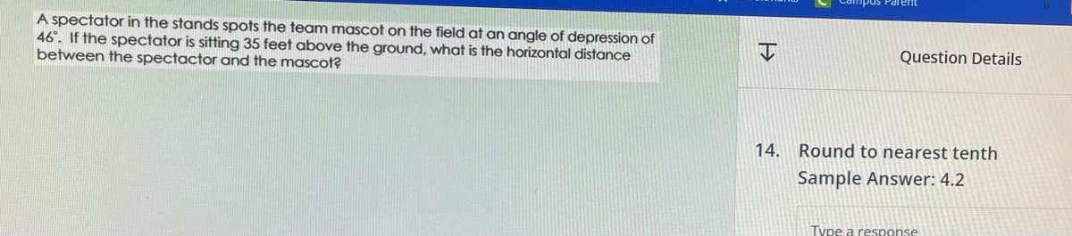 A spectator in the stands spots the team mascot on the field at an angle of depression of
46. If the spectator is sitting 35 feet above the ground, what is the horizontal distance
between the spectactor and the mascot?
H
Question Details
14. Round to nearest tenth
Sample Answer: 4.2
Type a response