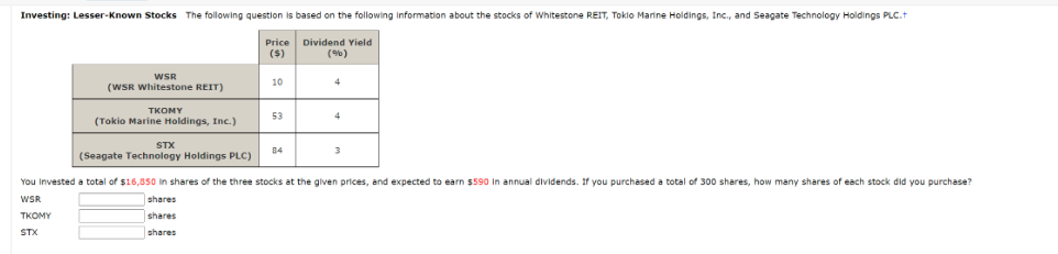 Investing: Lesser-Known Stocks The following question is based on the following information about the stocks of Whitestone REIT, Tokio Marine Holdings, Inc., and Seagate Technology Holdings PLC.+
WSR
(WSR Whitestone REIT)
TKOMY
(Tokio Marine Holdings, Inc.)
STX
(Seagate Technology Holdings PLC)
Price
($)
10
53
Dividend Yield
(%)
4
4
3
You invested a total of $16,850 In shares of the three stocks at the given prices, and expected to earn $590 In annual dividends. If you purchased a total of 300 shares, how many shares of each stock did you purchase?
WSR
shares
TKOMY
shares
STX
shares