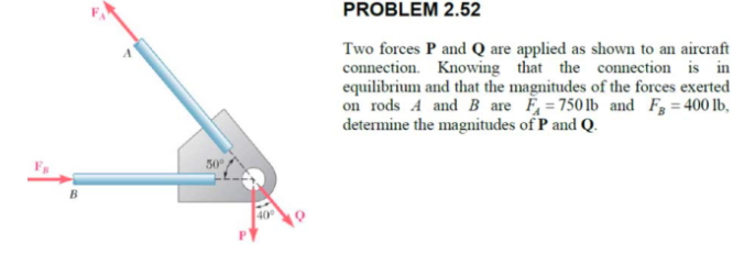 B
PROBLEM 2.52
Two forces P and Q are applied as shown to an aircraft
connection. Knowing that the connection is in
equilibrium and that the magnitudes of the forces exerted
on rods A and B are F=750 lb and F = 400 lb,
determine the magnitudes of P and Q.