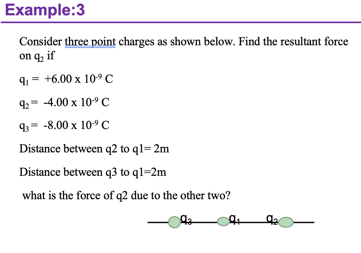 Example:3
Consider three point charges as shown below. Find the resultant force
on q₂ if
=
9₁ +6.00 x 10-⁹ C
92 -4.00 x 10-⁹ C
=
=
93 -8.00 x 10-⁹ ℃
Distance between q2 to q1= 2m
Distance between q3 to q1=2m
what is the force of q2 due to the other two?
9₂
9₁
9₂
