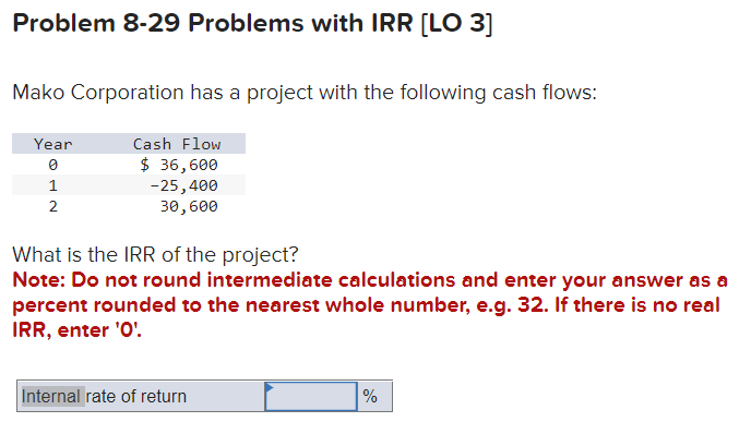 Problem 8-29 Problems with IRR [LO 3]
Mako Corporation has a project with the following cash flows:
Cash Flow
$36,600
-25,400
30,600
Year
1
2
What is the IRR of the project?
Note: Do not round intermediate calculations and enter your answer as a
percent rounded to the nearest whole number, e.g. 32. If there is no real
IRR, enter 'O'.
Internal rate of return
%