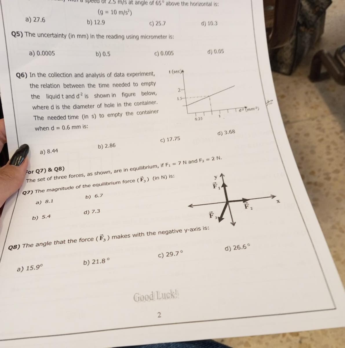 a) 27.6
b) 12.9
c) 25.7
Q5) The uncertainty (in mm) in the reading using micrometer is:
a) 0.0005
a) 8.44
of 2.5 m/s at angle of 65° above the horizontal is:
(g = 10 m/s²)
Q6) In the collection and analysis of data experiment,
the relation between the time needed to empty
the liquid t and d2 is shown in figure below,
where d is the diameter of hole in the container.
The needed time (in s) to empty the container
when d = 0.6 mm is:
b) 5.4
b) 0.5
a) 15.9°
b) 2.86
c) 0.005
d) 7.3
b) 21.8°
t (sec)4
2-
15+
c) 17.75
For Q7) & Q8)
The set of three forces, as shown, are in equilibrium, if F₁ = 7 N and F₂ = 2 N.
Q7) The magnitude of the equilibrium force (F) (in N) is:
a) 8.1
b) 6.7
Q8) The angle that the force (F3) makes with the negative y-axis is:
c) 29.7°
2
d) 10.3
Good Luck!
0.25
d) 0.05
1
T
d) 3.68
y
F₁
Tax (mm²)
F₂
d) 26.6°