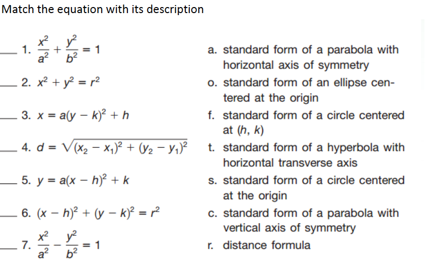 Match the equation with its description
1.
a?
1
b?
a. standard form of a parabola with
horizontal axis of symmetry
2. x? + y? = r²
o. standard form of an ellipse cen-
tered at the origin
3. x = a(y – k)? + h
f. standard form of a circle centered
at (h, k)
t. standard form of a hyperbola with
4. d %3D V(x, — х,)? + (у2 — У,)?
horizontal transverse axis
s. standard form of a circle centered
at the origin
c. standard form of a parabola with
vertical axis of symmetry
5. y = a(x – h) + k
6. (x – h)² + (y – kỳ = r²
x2 y?
7.
a?
1
r. distance formula
-
b2
