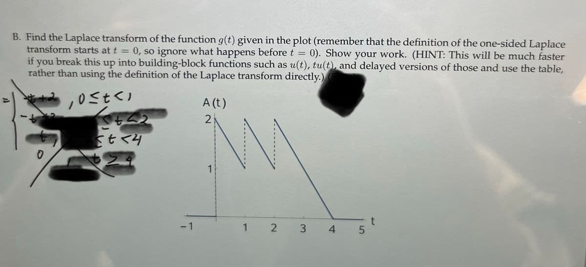 B. Find the Laplace transform of the function g(t) given in the plot (remember that the definition of the one-sided Laplace
transform starts at t = 0, so ignore what happens before t = 0). Show your work. (HINT: This will be much faster
if you break this up into building-block functions such as u(t), tu(t), and delayed versions of those and use the table,
rather than using the definition of the Laplace transform directly.)
,0 ≤t</
-t
0
2442
Et <4
-1
A (t)
2
1
1 2
3 4 5
t