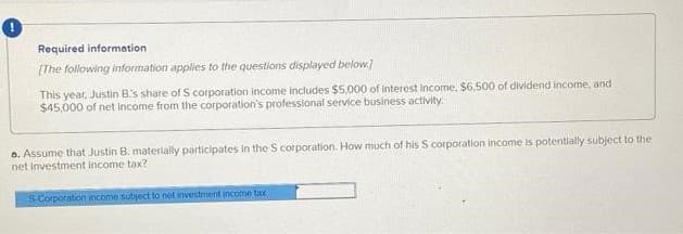 0
Required information
[The following information applies to the questions displayed below]
This year, Justin B's share of S corporation income includes $5,000 of interest income, $6,500 of dividend income, and
$45,000 of net income from the corporation's professional service business activity.
a. Assume that Justin B. materially participates in the S corporation. How much of his S corporation income is potentially subject to the
net investment income tax?
S-Corporation income subject to net investment income tax