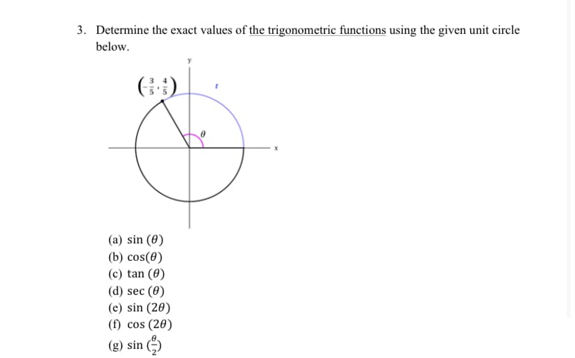 3. Determine the exact values of the trigonometric functions using the given unit circle
below.
(a) sin (8)
(b) cos(0)
(c) tan (0)
(d) sec (0)
(e) sin (20)
(f) cos (20)
(g) sin ()
