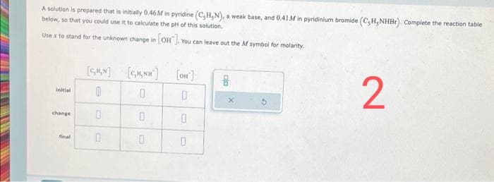 A solution is prepared that is initially 0.46M in pyridine (C,H,N), a weak base, and 0.41 M in pyridinium bromide (C,H, NHBr). Complete the reaction table
below, so that you could use it to calculate the pH of this solution.
Use x to stand for the unknown change in [OH]. You can leave out the M symbol for molarity.
Initial
change
final
[C,,N]
0
0
0
[C,,NH]
0
0
0
[on]
0
0
0
ala
X
2