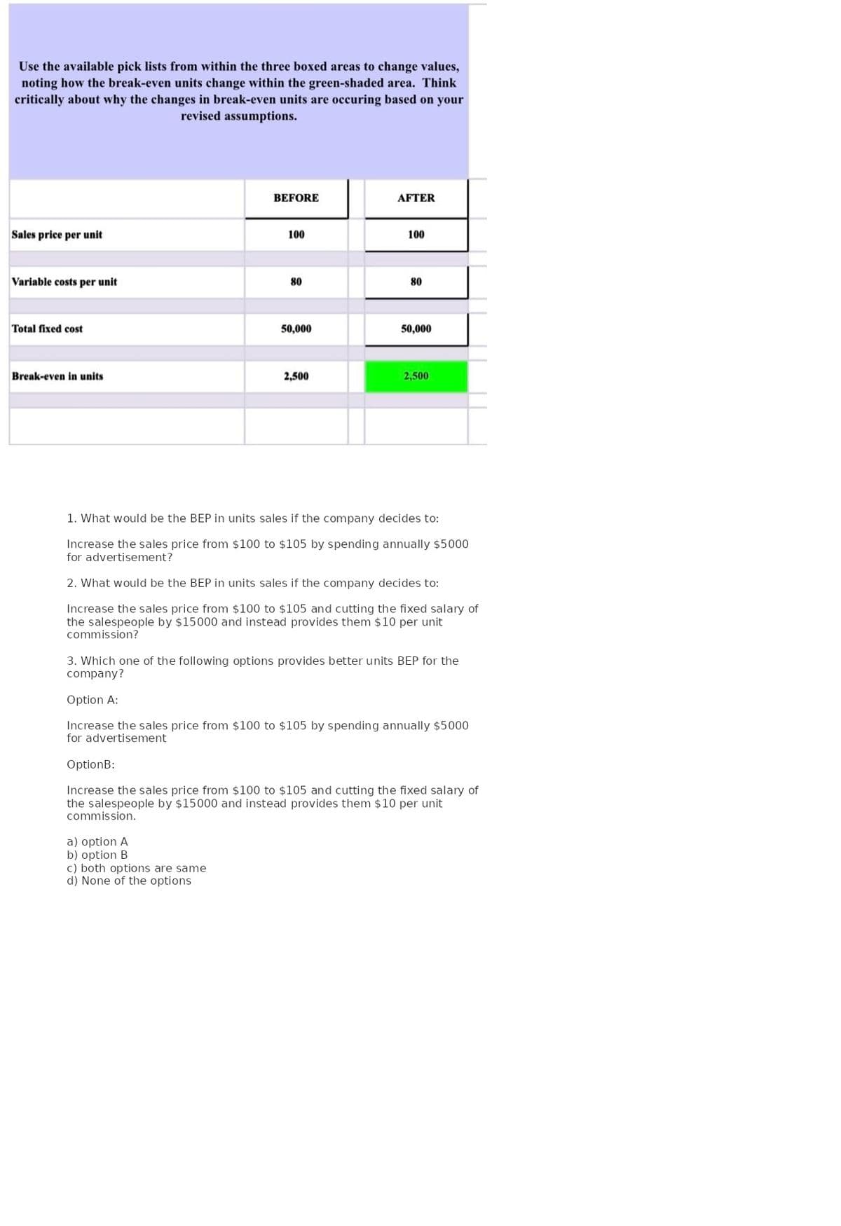 Use the available pick lists from within the three boxed areas to change values,
noting how the break-even units change within the green-shaded area. Think
critically about why the changes in break-even units are occuring based on your
revised assumptions.
Sales price per unit
Variable costs per unit
Total fixed cost
Break-even in units
BEFORE
100
80
a) option A
b) option B
50,000
c) both options are same
d) None of the options
2,500
AFTER
100
80
50,000
1. What would be the BEP in units sales if the company decides to:
Increase the sales price from $100 to $105 by spending annually $5000
for advertisement?
2. What would be the BEP in units sales if the company decides to:
Increase the sales price from $100 to $105 and cutting the fixed salary of
the salespeople by $15000 and instead provides them $10 per unit
commission?
2,500
3. Which one of the following options provides better units BEP for the
company?
Option A:
Increase the sales price from $100 to $105 by spending annually $5000
for advertisement
OptionB:
Increase the sales price from $100 to $105 and cutting the fixed salary of
the salespeople by $15000 and instead provides them $10 per unit
commission.