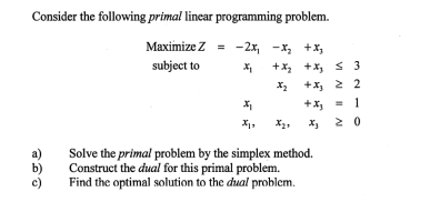 Consider the following primal linear programming problem.
Maximize Z = -2x₁ - x₂ + x₂
subject to
x₁
+ x₂
x₂
x₁
X₁,
X₂+
+ x₂ ≤ 3
+x₂ 2 2
+x₂ = 1
* 20
Solve the primal problem by the simplex method.
Construct the dual for this primal problem.
Find the optimal solution to the dual problem.