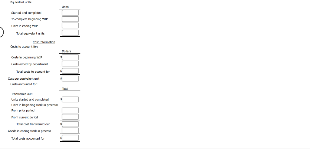 Equivalent units:
Started and completed
To complete beginning WIP
Units in ending WIP
Total equivalent units
Cost Information
Costs to account for:
Costs in beginning WIP
Costs added by department
Total costs to account for
Cost per equivalent unit:
Costs accounted for:
Transferred out:
Units started and completed
Units in beginning work in process:
From prior period
From current period
Total cost transferred out
Goods in ending work in process
Total costs accounted for
Units
Dollars
$
$
Total
$
$
$