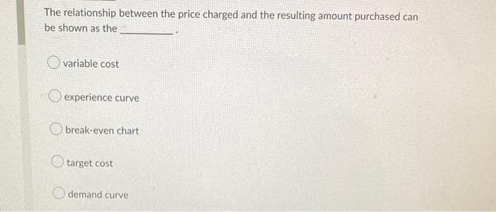 The relationship between the price charged and the resulting amount purchased can
be shown as the
variable cost
experience curve
break-even chart
target cost
demand curve