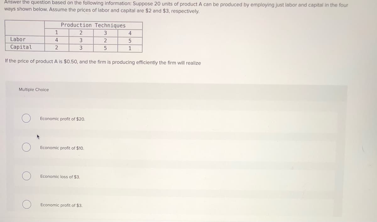 Answer the question based on the following information: Suppose 20 units of product A can be produced by employing just labor and capital in the four
ways shown below. Assume the prices of labor and capital are $2 and $3, respectively.
Production Techniques
4
Labor
4
Capital
1
If the price of product A is $0.50, and the firm is producing efficiently the firm will realize
Multiple Choice
Economic profit of $20.
Economic profit of $10.
Economic loss of $3.
Economic profit of $3.
