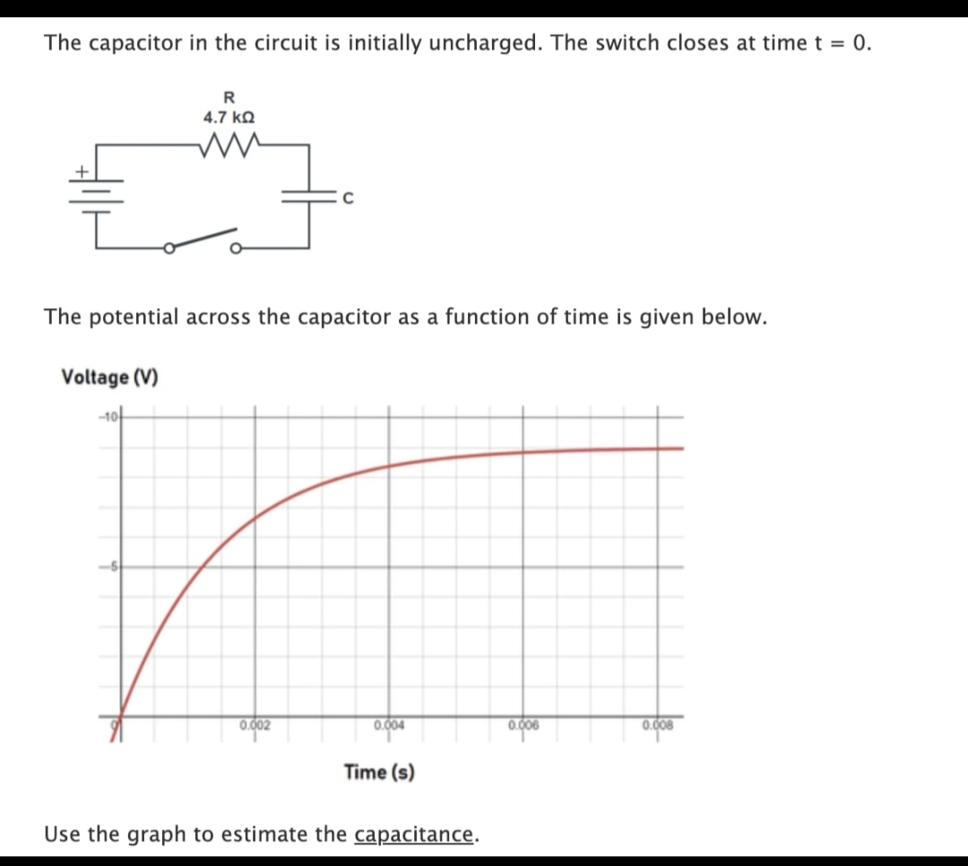 The capacitor in the circuit is initially uncharged. The switch closes at time t = 0.
R
4.7 ΚΩ
#
The potential across the capacitor as a function of time is given below.
Voltage (V)
for-
C
0.002
0.004
Time (s)
Use the graph to estimate the capacitance.
0.006
0.008