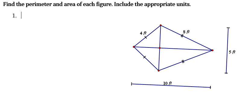 Find the perimeter and area of each figure. Include the appropriate units.
1.
sft
4 ft
10 ft
5 ft