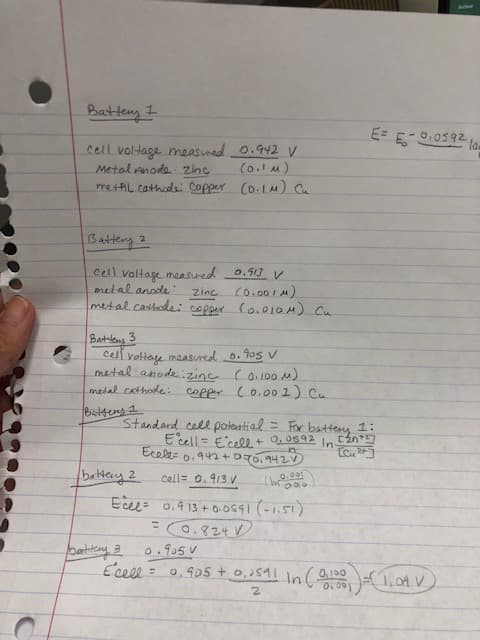 Battery I
cell voltage measured
Metal Anode zinc
metal cathode: Copper (0.1M) Cu
Battery 2
cell voltage measured
metal anode
Zinc
metal cathode: copper (0.010μ) Cu
Battery 3
battery 2
cell voltage measured
0.905 V
metal anodezine (0.100 M)
metal cathode: copper (0.001) Cu
Battery 1
Standard cell potential:
E cell Ecell
+
Ecele = 0.942 +070,942
0.942 V
(0.1 m)
Ecel=
battery 3 0.905 v
Ecell
0.913 V
(0.001 μ)
=
cell = 0.913 V
0.913+0.0591 (-1.51)
= 0.824 V
0.0692 In-
= For battery 1:
[+]
[Cu²+]
n
0.001
0.905 + 0,2591 In (0,100,
2
E= E-0₁0592
A
1,04 V
la=