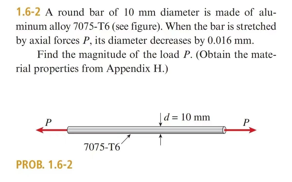 1.6-2 A round bar of 10 mm diameter is made of alu-
minum alloy 7075-T6 (see figure). When the bar is stretched
by axial forces P, its diameter decreases by 0.016 mm.
Find the magnitude of the load P. (Obtain the mate-
rial properties from Appendix H.)
P
PROB. 1.6-2
7075-T6
d = 10 mm
P