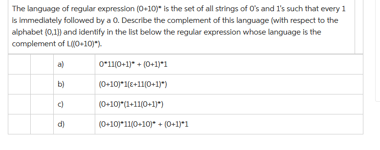 The language of regular expression (0+10)* is the set of all strings of O's and 1's such that every 1
is immediately followed by a 0. Describe the complement of this language (with respect to the
alphabet (0,1)) and identify in the list below the regular expression whose language is the
complement of L((0+10)*).
a)
b)
c)
d)
0*11(0+1)* + (0+1)*1
(0+10)*1(8+11(0+1)*)
(0+10)*(1+11(0+1)*)
(0+10)*11(0+10)* + (0+1)*1