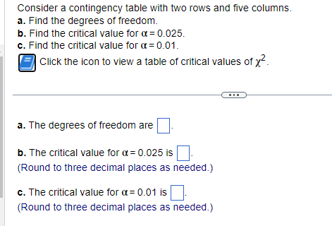 Consider a contingency table with two rows and five columns.
a. Find the degrees of freedom.
b. Find the critical value for α = 0.025.
c. Find the critical value for α = 0.01.
Click
the icon to view a table of critical values of x².
a. The degrees of freedom are
b. The critical value for α = 0.025 is
(Round to three decimal places as needed.)
c. The critical value for α = 0.01 is
(Round to three decimal places as needed.)