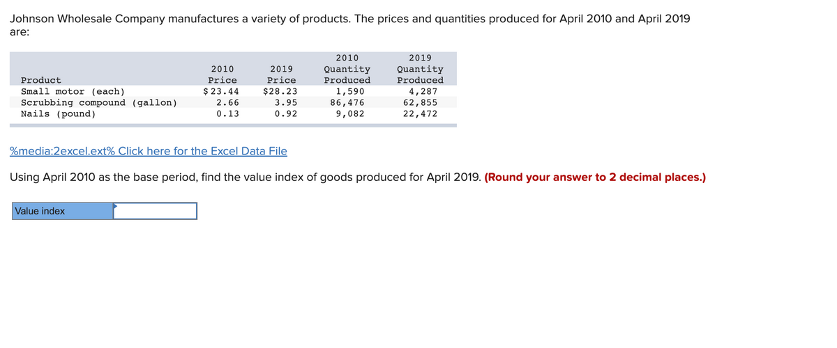 Johnson Wholesale Company manufactures a variety of products. The prices and quantities produced for April 2010 and April 2019
are:
Product
Small motor (each)
Scrubbing compound (gallon)
Nails (pound)
2010
Price
$ 23.44
2.66
0.13
Value index
2019
Price
$28.23
3.95
0.92
2010
Quantity
Produced
1,590
86,476
9,082
2019
Quantity
Produced
4,287
62,855
22,472
%media:2excel.ext% Click here for the Excel Data File
Using April 2010 as the base period, find the value index of goods produced for April 2019. (Round your answer to 2 decimal places.)