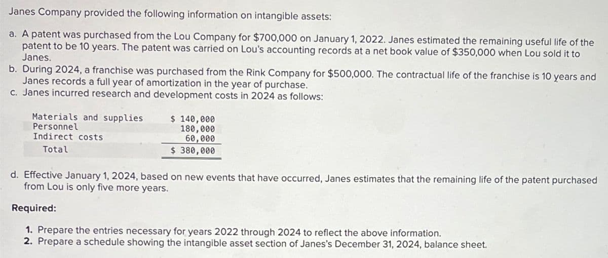 Janes Company provided the following information on intangible assets:
a. A patent was purchased from the Lou Company for $700,000 on January 1, 2022. Janes estimated the remaining useful life of the
patent to be 10 years. The patent was carried on Lou's accounting records at a net book value of $350,000 when Lou sold it to
Janes.
b. During 2024, a franchise was purchased from the Rink Company for $500,000. The contractual life of the franchise is 10 years and
Janes records a full year of amortization in the year of purchase.
c. Janes incurred research and development costs in 2024 as follows:
Materials and supplies
Personnel
Indirect costs
Total
$ 140,000
180,000
60,000
$ 380,000
d. Effective January 1, 2024, based on new events that have occurred, Janes estimates that the remaining life of the patent purchased
from Lou is only five more years.
Required:
1. Prepare the entries necessary for years 2022 through 2024 to reflect the above information.
2. Prepare a schedule showing the intangible asset section of Janes's December 31, 2024, balance sheet.