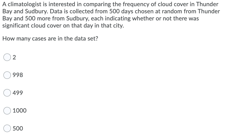 A climatologist is interested in comparing the frequency of cloud cover in Thunder
Bay and Sudbury. Data is collected from 500 days chosen at random from Thunder
Bay and 500 more from Sudbury, each indicating whether or not there was
significant cloud cover on that day in that city.
How many cases are in the data set?
2
998
499
1000
500
