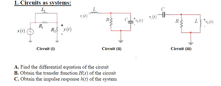 1. Circuits as systems:
4₁
x (1)
R₁
R₂ y(t)
Circuit (i)
L
Circuit (ii)
A. Find the differential equation of the circuit
B. Obtain the transfer function H(s) of the circuit
C. Obtain the impulse response h(t) of the system
*% (1) 17 (1)
R
Circuit (iii)
L 3 *vo (1)