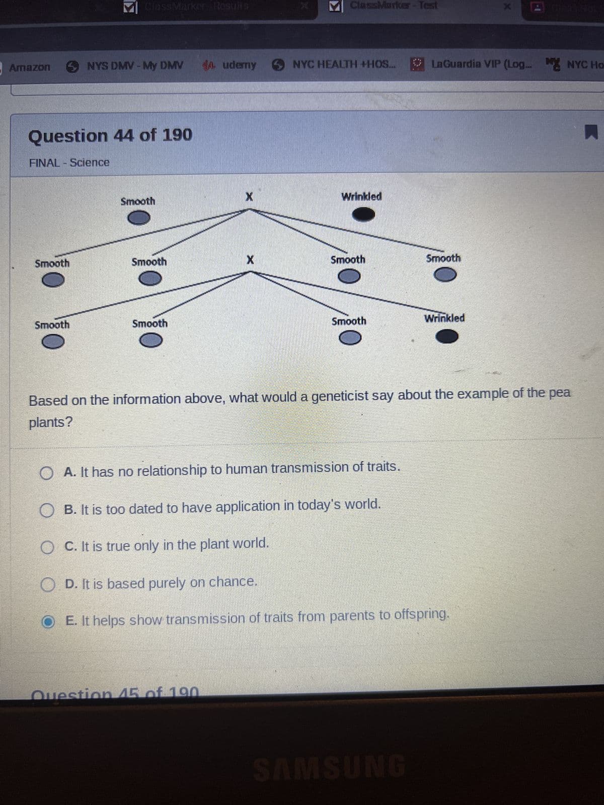Amazon
Smooth
ClassMarkor-Rosults
Question 44 of 190
FINAL - Science
Smooth
NYS DMV - My DMV
Smooth
Smooth
Smooth
14 udemy
X
Question 15 of 190
ClassMarker - Test
NYC HEALTH +HOS...
Wrinkled
Smooth
Smooth
My
LaGuardia VIP (Log... NYC Ho
Smooth
SAMSUNG
Wrinkled
Based on the information above, what would a geneticist say about the example of the pea
plants?
O A. It has no relationship to human transmission of traits.
O B. It is too dated to have application in today's world.
O C. It is true only in the plant world.
O. D. It is based purely on chance.
OE. It helps show transmission of traits from parents to offspring.
X