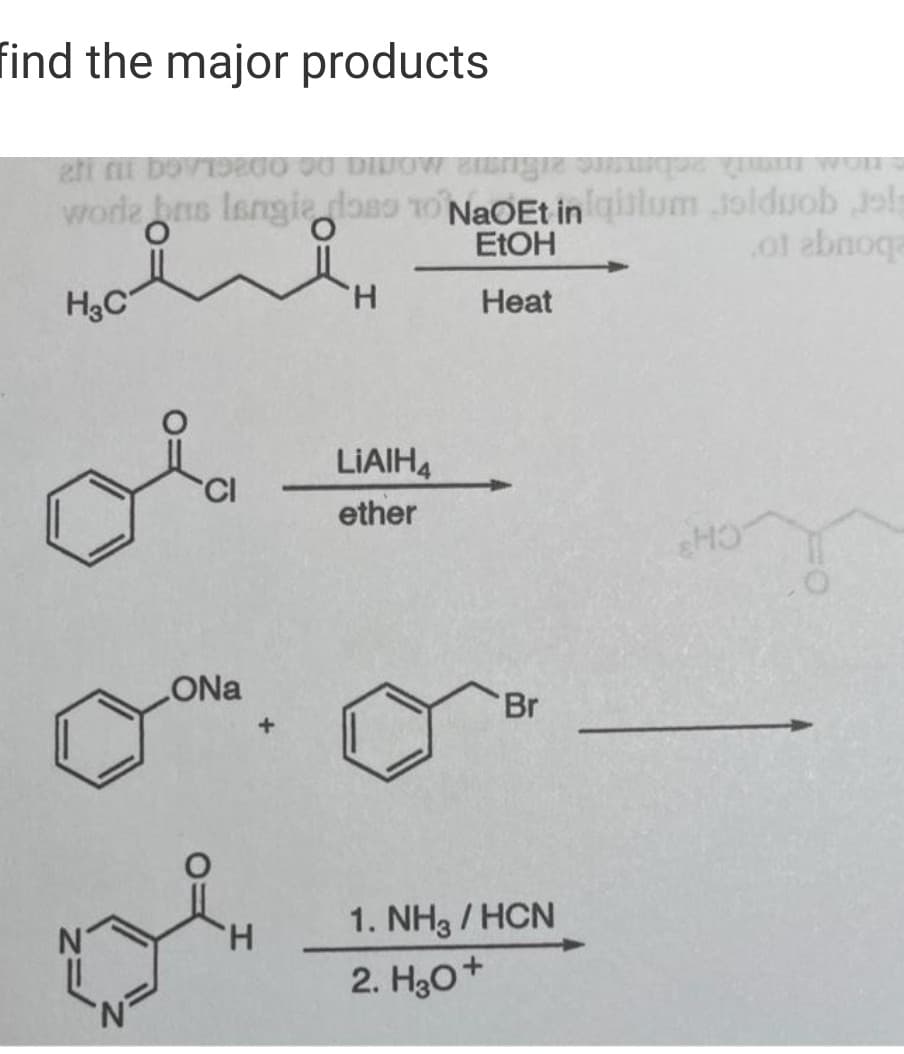 find the major products
worde bas Isngia doso o NaOEt in qislum Jolduob Jols
ELOH
ol abnoqa
H3C
H.
Heat
2.
LIAIHA
CI
ether
HO
Br
H.
1. NH3 / HCN
2. H30+
